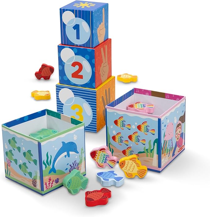 Melissa & Doug® Ms. Rachel™ Sort and Count Nesting and Stacking Blocks with Wooden Fish Preschool Learning Toy for Boys, Girls - FSC Certified
