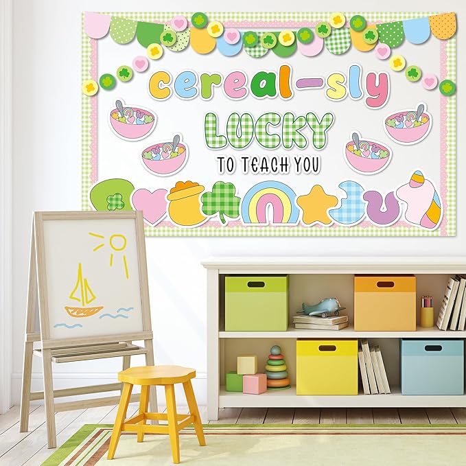 St. Patrick's Day Cereal-Sly Bulletin Board Lucky Shamrock Bulletin Board Decorations Rainbow Gold Coin Paper Cutouts for St. Patrick Party Supplies Home Classroom Chalkboard Wall Door Window Decor