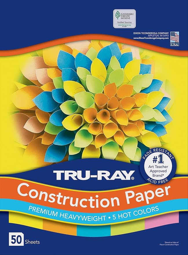 Tru-Ray Heavyweight Construction Paper, Hot Assorted Colors, 9" x 12", 50 Sheets & Construction Paper P103031, 10 Classic Colors, 9" x 12", 50 Sheets