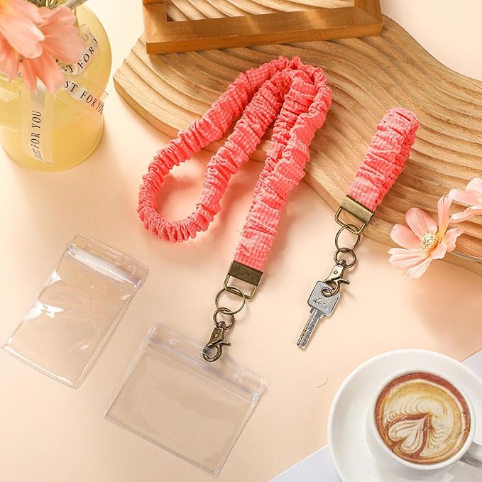 Marspark 2 Set Scrunchie Lanyards with 4 Card Holders for ID Badges and Keys Cute Stretchy Scrunchie Neck and Wrist Lanyards for Teacher Women Nurses School Office Supplies(Pink, Striped)