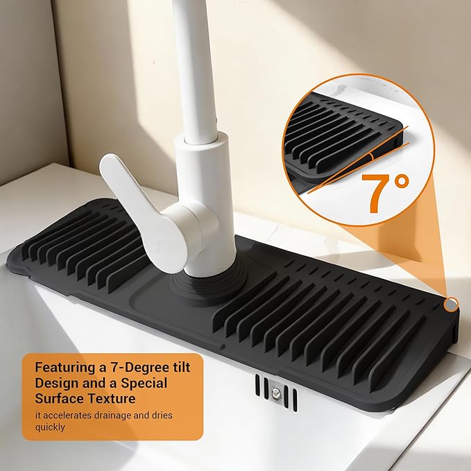 Faucet Mat for Kitchen Sink, 17.7"X5.5" Silicone Sink Splash Guard with Soap Holder, Snap-On Design & 7°slope Fast Drain, Folding Sink Faucet Mat for Universal Kitchen Bathroom Sink（Black）