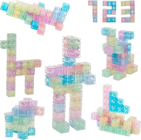 48PCS Pastel Translucent DigitBlocks Magnetic Building Blocks for Kids Montessori STEM Toys for Boys Girls Ages 3-9 Includes Carrying Bag Idea Book Clear Magnet Cubes for Educational Learning Fun