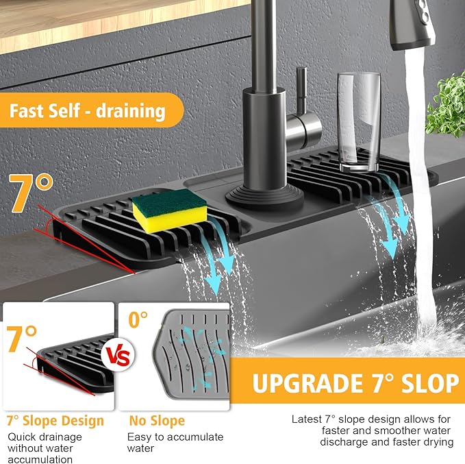 14.6-Inch Kitchen Sink Splash Guard Mat | 7° Slope for Fast Self-Draining | Snap-Lock Design | Universal & Cuttable Silicone Faucet Mat BLACK