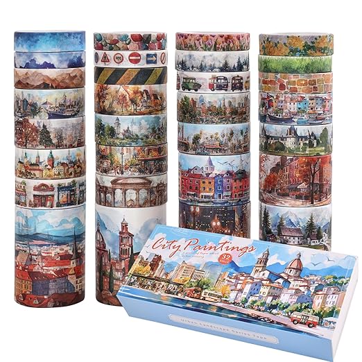 32 Rolls Vintage Washi Tape Set, European Cityscapes with Architectures & Scenery, Writable Decorative Tapes for Scrapbooking, Junk Journal Bullet Journal Supplies 8-50mm Wide, Artistic Adhesive Tape