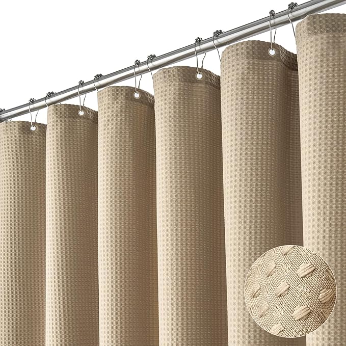 Dynamene Extra Long Shower Curtain,84 Inch Long Beige Waffle Weave Weighted Thick Fabric Bathroom Shower Curtain, Neutral Large Hotel Bath Curtain Set with 12 Plastic Hooks,72x84,Beige/Khaki