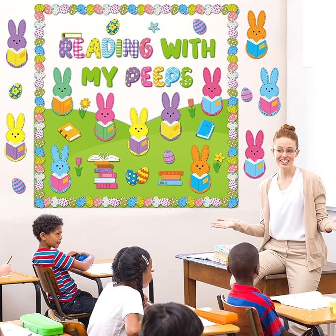 gisgfim Easter Reading Bulletin Board Decoration Set Spring Easter Bunny Egg Borders Cutouts Decor for Reading with My Peeps Bulletin Board Craft Spring Classroom School Library Home Wall(Bunny)