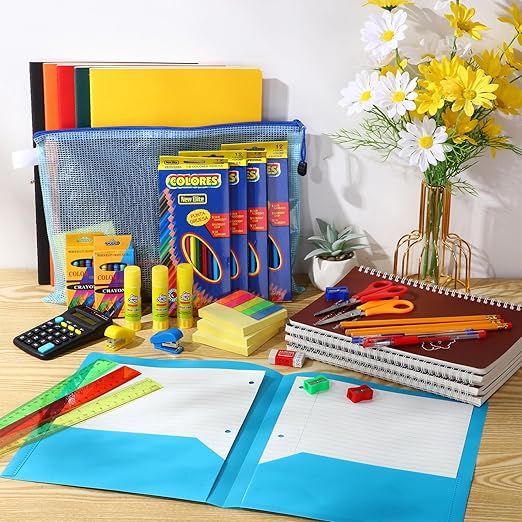SATINIOR 12 Set Bulk Supplies Essentials Bundle Kit Folders Notebooks Pencil Pen Calculator Stapler Scissors Sharpeners