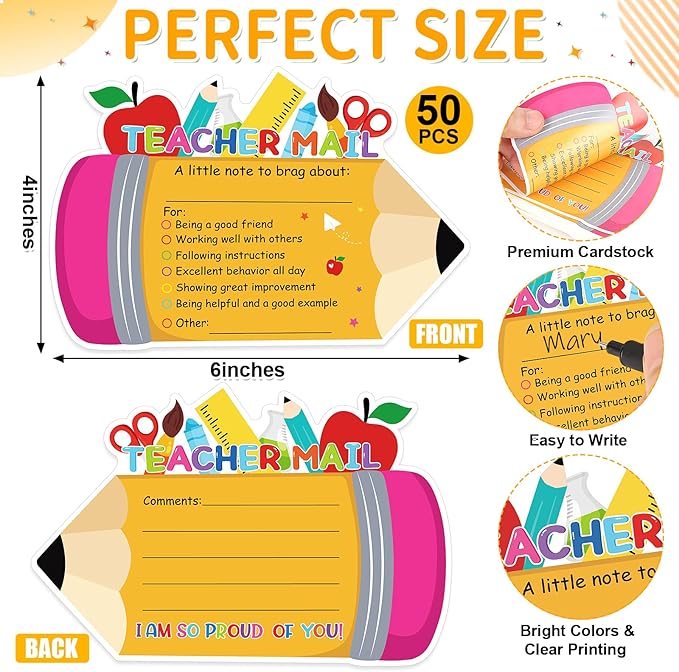 50Pcs Teacher Mail Notes to Parents, Double-Sided Happy Mail from Teacher, Brag Cards for Students Behavior Classroom Must Haves to Send Home for Preschool Kindergarten Elementary School Supplies