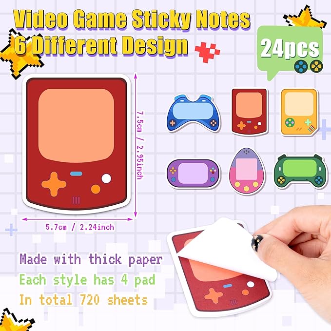 Bright Color Sticky Note - 72Pcs Video Game Super Sticky Note Pads Pen Ribbon Set Sticking Power Memo Pads School Supplies Office Products Page Markers Clean Removal Strong Adhesive Index Tab