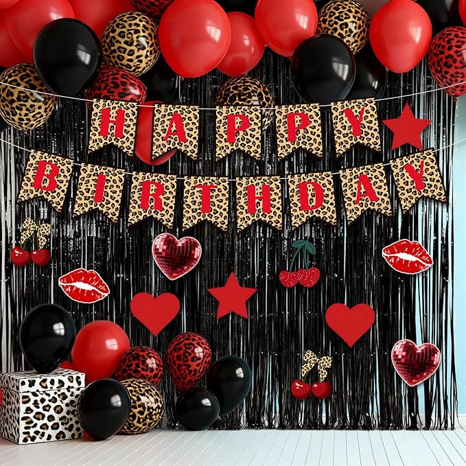 Epakh 39 Pcs Cheetah Cherry Birthday Party Decorations Includes 24 Pieces Paper Cards Decor 13 Pcs Happy Birthday Banner 2 Foil Fringe Curtain Backdrop for Photo Prop Themed Party Supplies