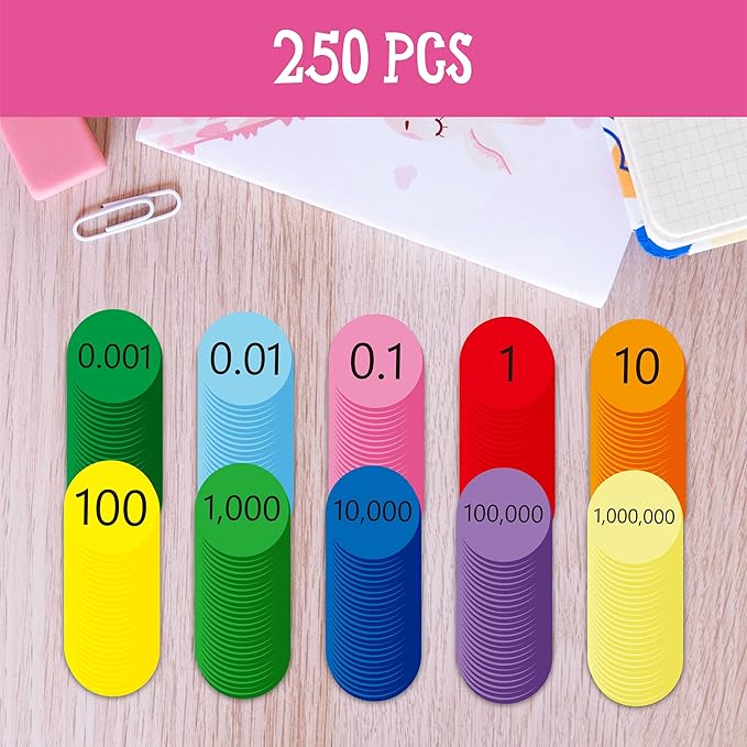 Hebayy 250 PCS EVA Place Value Disks, 10 Values Counting Chips Color-Coded Soft Place Value Chips Decimals to Whole Numbers Counting Chips Early Math Learning for Elementary School