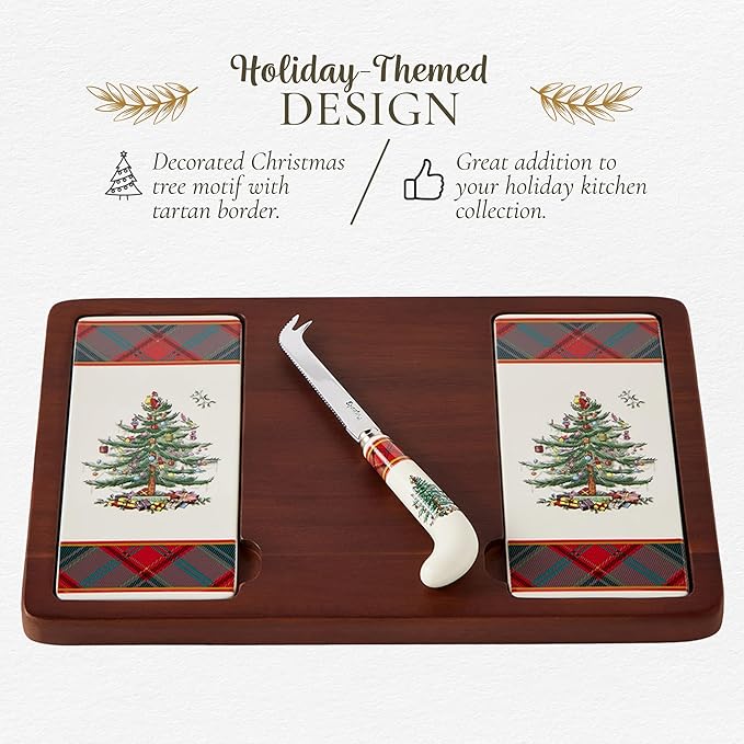 Spode Christmas Tree Cheese Board & Knife Set, Tartan Plaid - Holiday Entertaining, Charcuterie & Cracker Tray, Seasonal Serveware - Christmas Table Setting & Presentation