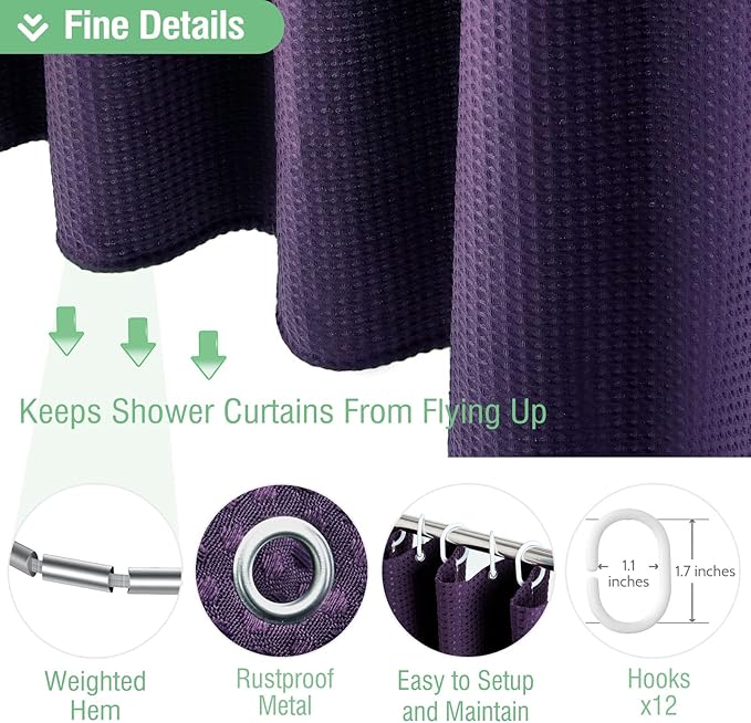 Dynamene Extra Long Shower Curtain,96 Inch Long Waffle Weave Heavy Duty Thick Fabric Bathroom Shower Curtain, Neutral Weighted Hotel Bath Curtain Set with 12 Plastic Hooks,72x96,Purple