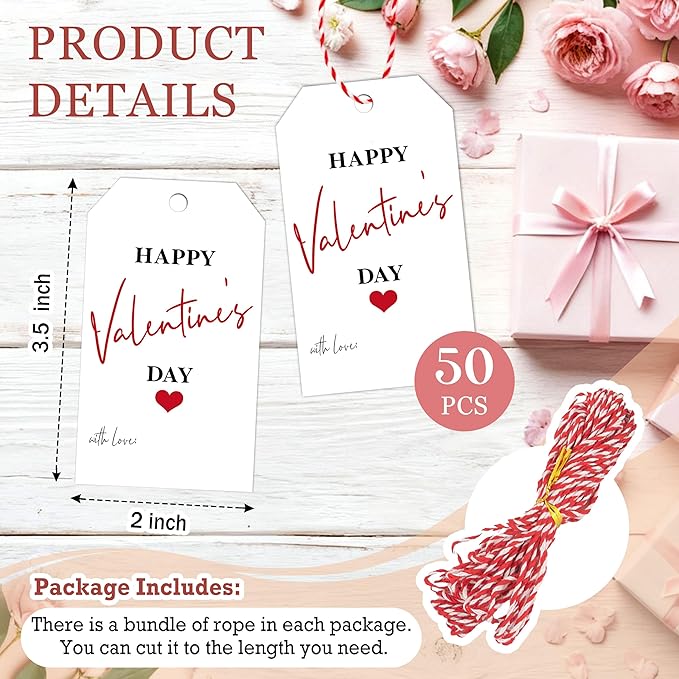 50Pcs Happy Valentines Tags for Bags - 3.5 x 2.1 in Valentine Gift Tags with String, Hanging Paper Gift Label for Wrapping Treat Bag, Idea Valentines Activity School Classroom Party Favors