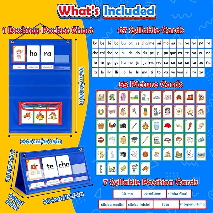 Spanish Learning Word Building Pocket Chart for Kids, Spanish Vocabulary Games Toddler Flash Cards Sight Words Flashcards Languages Spelling Reading Phonics Games for Kindergarten Preschool