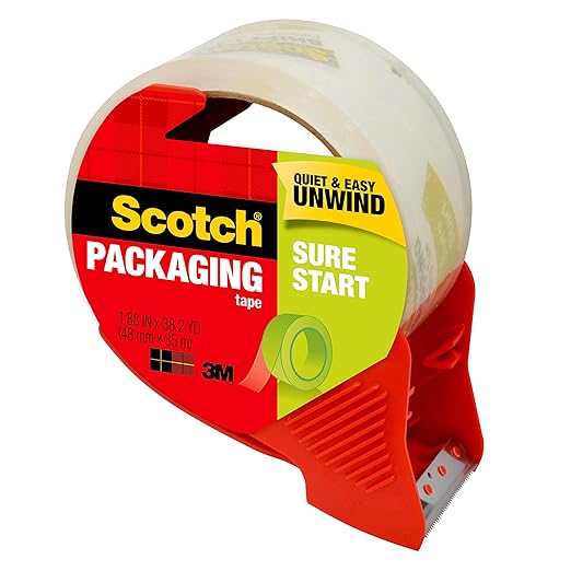 Scotch Sure Start Shipping Packaging Tape, 1.88"x 38.2 yd, Designed for Packing, Shipping and Mailing, Quiet Unwind, No Splitting or Tearing, 1.5" Core, Clear, 1 Dispensered Roll