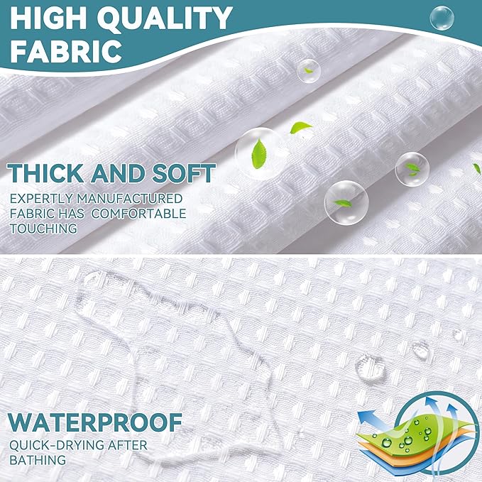 Conbo Mio No Hook Waffle Weave Shower Curtain with Snap in Liner Set, Hotel Luxury White Shower Curtains for Bathroom with See Through Top Window, Waterproof, Washable 71W x 74H