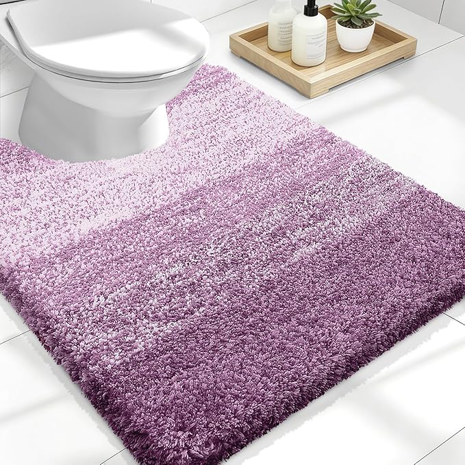 OLANLY Luxury Toilet Rugs U-Shaped 24x20, Extra Soft and Absorbent Microfiber Bathroom Rugs, Non-Slip Plush Shaggy Bath Mat, Machine Wash Dry, Contour Bathroom Mats for Toilet Base, Pinkish-Purple