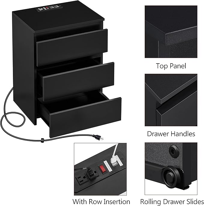 Yaheetech Nightstand with Charging Station, Wood Bedside Table with 3 Drawers, Bedside Storage Cabinet Unit with 2 USB Ports & Power Outlets for Bedroom/Small Space/Home Office, Black