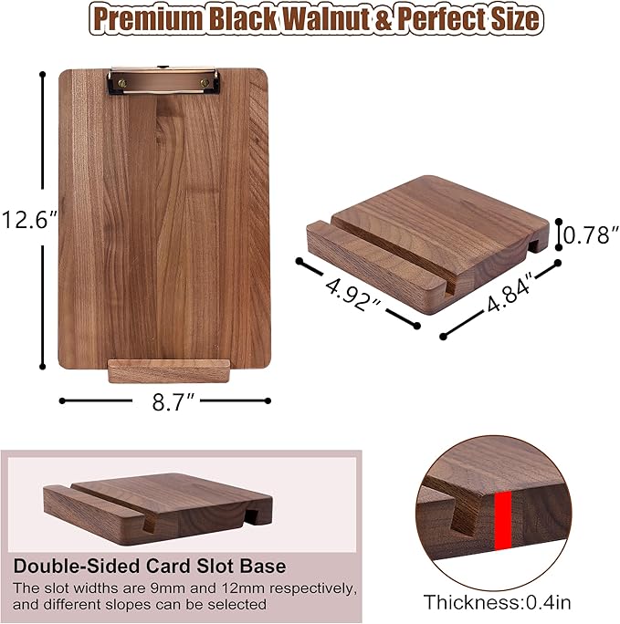 Walnut Wood Clipboard, 12.6" x 8.7" Clip Board with Stable Base, School Classroom Essentials, Solid Hardwood, Free Stand Holder for Bar, Training Courses, Coffee Shops, Office Supplies Teacher Gifts