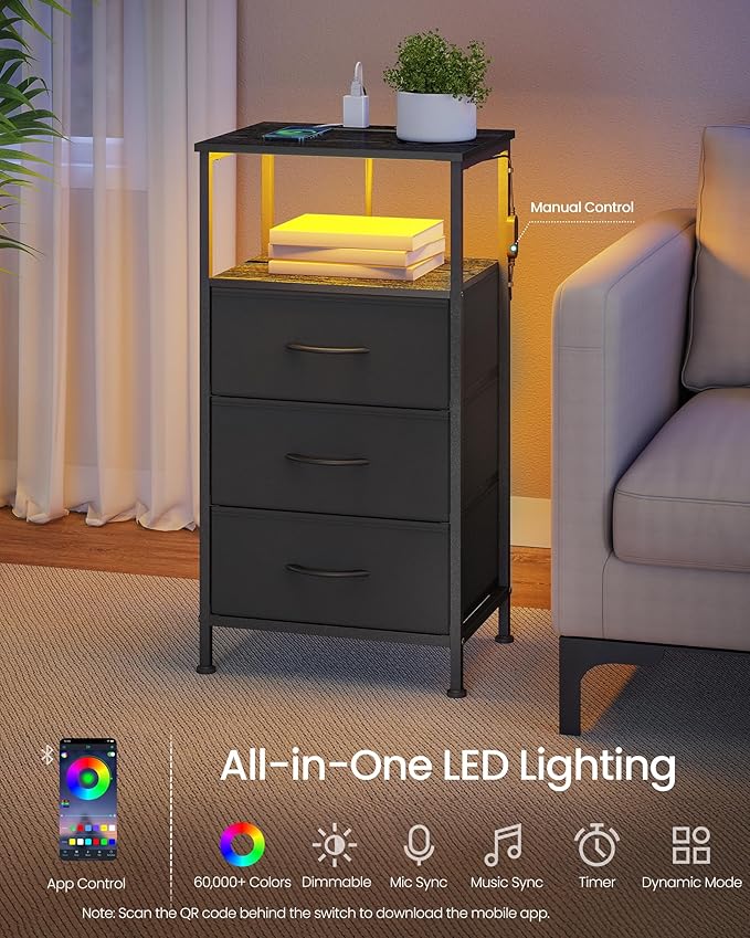 SONGMICS BELLAH Collection - Nightstand with Charging Station and App-Controlled Adjustable LED Lights, Bed Side Table, 3 Drawer and 1 Open Shelf, Bedroom, Ink Black and Ebony Black ULGS303BH01S