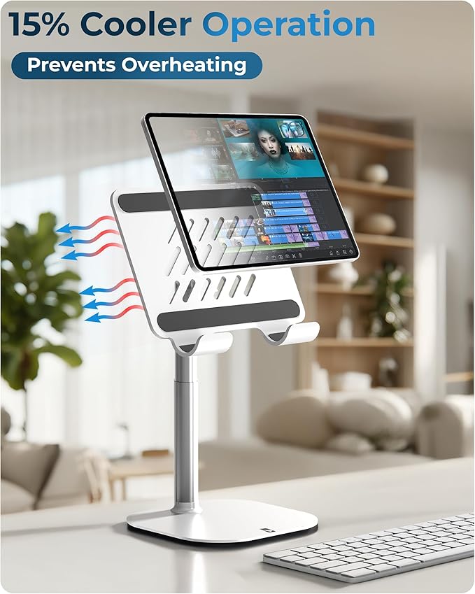 COOPER TabHolder, 7-10" Height Adjustable Tablet Stand, Premium iPad Stand for Desk, 270° Tilt iPad Holder, Kindle Holder, 15.6-17" Portable Monitor Support (White)