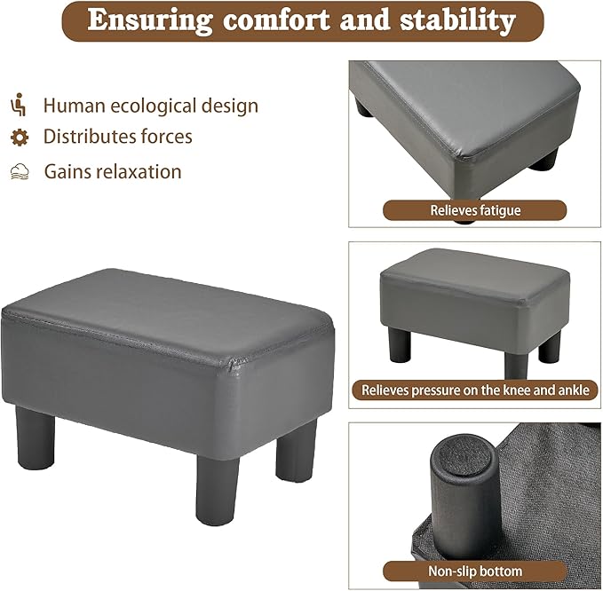 VECELO Small Foot Stool Ottoman, PU Foot Rest with Legs, Rectangle Footrest for Living Room Couch, Gray