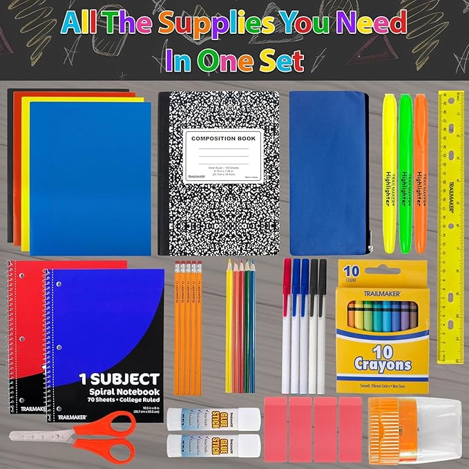 Trail maker School Supplies Kit 45 Piece School Supply Kit Grades K-12 – Back to School Essentials Includes Folders Notebooks Pencils Pens and Much More!