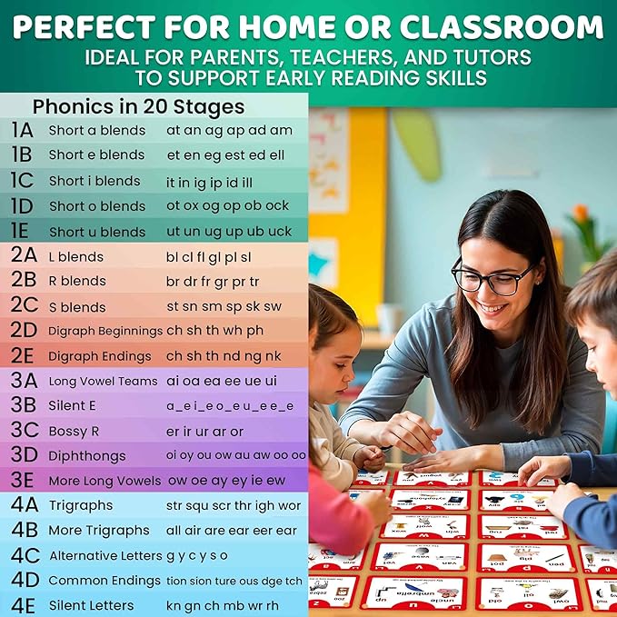 QUOKKA Phonics Flash Cards for Kids Ages 4-8 – 20 Phonic Stages 260 Card Games for Kids Ages 3-5 and 6-8 – Learn to Read Games & Reading Manipulatives for Phonemic Awareness – Alphabet CVC Blends etc