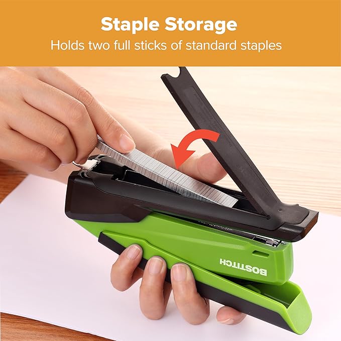 Bostitch Office InPower Spring-Powered Desktop Stapler, 20 Sheet Capacity, One Finger Stapling, Includes 210 Staples, Jam Free, Opens for Tacking, Green