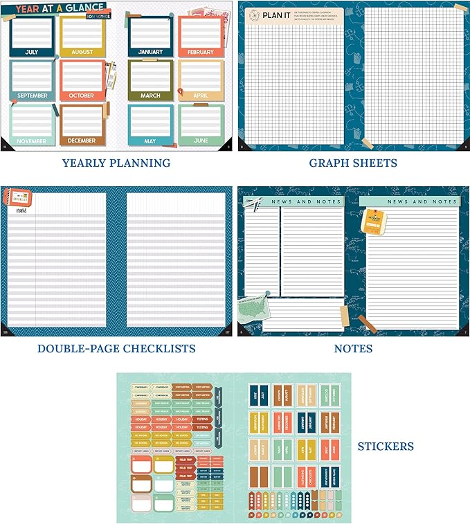 Carson Dellosa Let's Explore Teacher Planner 2025-2026, Undated 8" x 11" Lesson Plan Book With Retro Stickers, Class Schedule, Weekly Calendar, Classroom Must Haves, Homeschool and School Supplies