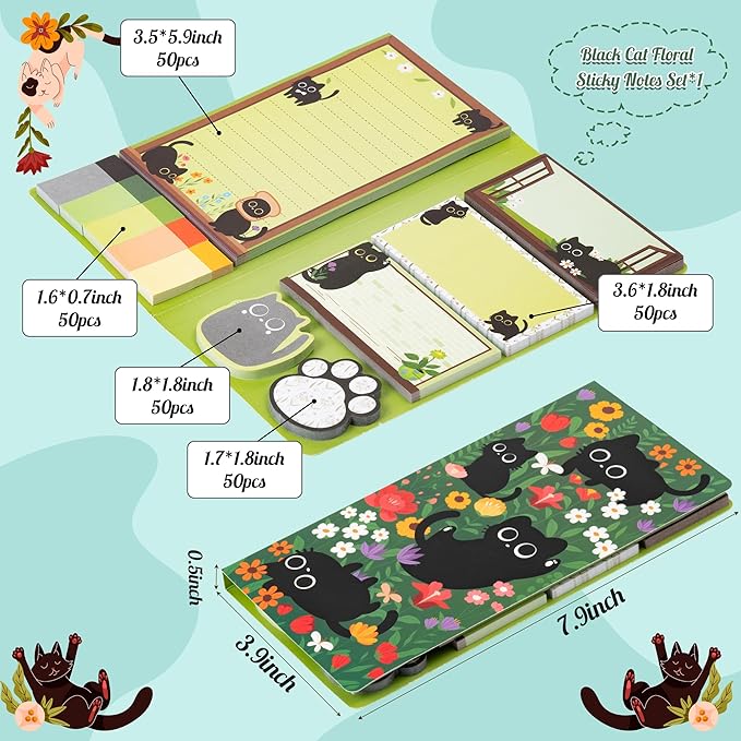 B1ykin Cute Sticky Notes Set - Wildflower Lovely Black Shaped Self-Stick Notes Pad, 550 Sheets Writing Memo Pages Sticky Notepad for Teacher Appreciation Gifts, School Office Supplies (Cat Floral)