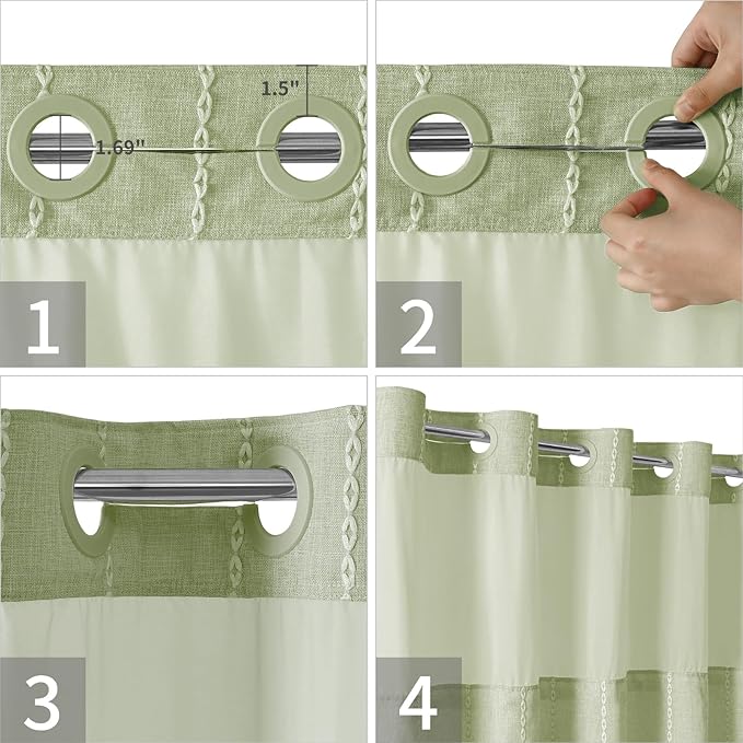 No Hook Long Shower Curtain Set with Snap-in Fabric Liner,Linen Ultra Thick Fabric with Tassels,Boho Chic Modern Farmhouse Country Neutral Cloth Shower Curtains for Bathroom,Sage Green,71x80