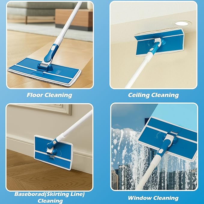 Wall Cleaner Mop with Foldable Panel, Baseboard Cleaner Tool with 55" Long Handle, Cleaning Mop Duster for Walls, Ceilings, Baseboards, Floors