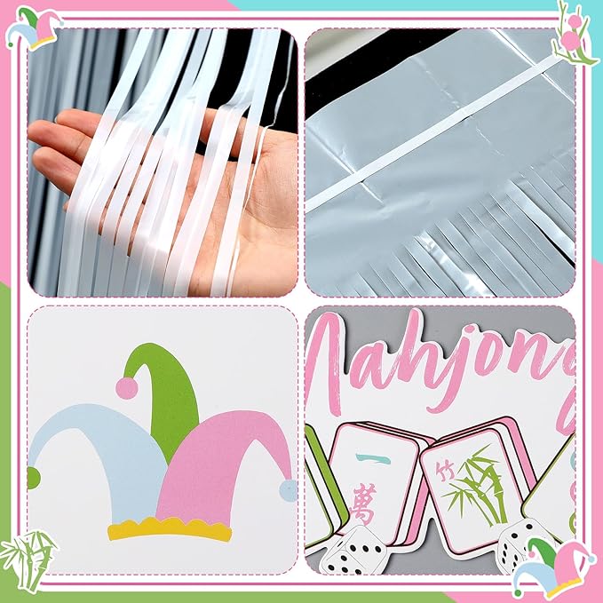 Epakh 39 Pcs Mahjong Birthday Party Decorations Includes 24 Pieces Paper Cards Decor 13 Pcs Happy Birthday Banner 2 Pieces Foil Fringe Curtain Backdrop for Photo Prop Themed Party Supplies
