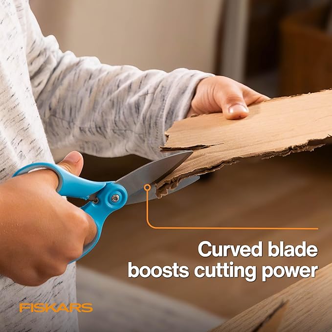 Fiskars Kids Cardboard Creator – Safer Cardboard Cutting Tool with Ergonomic SoftGrip Handle, for Craft and School Supplies, 5 Inches, Rubber and Stainless Steel