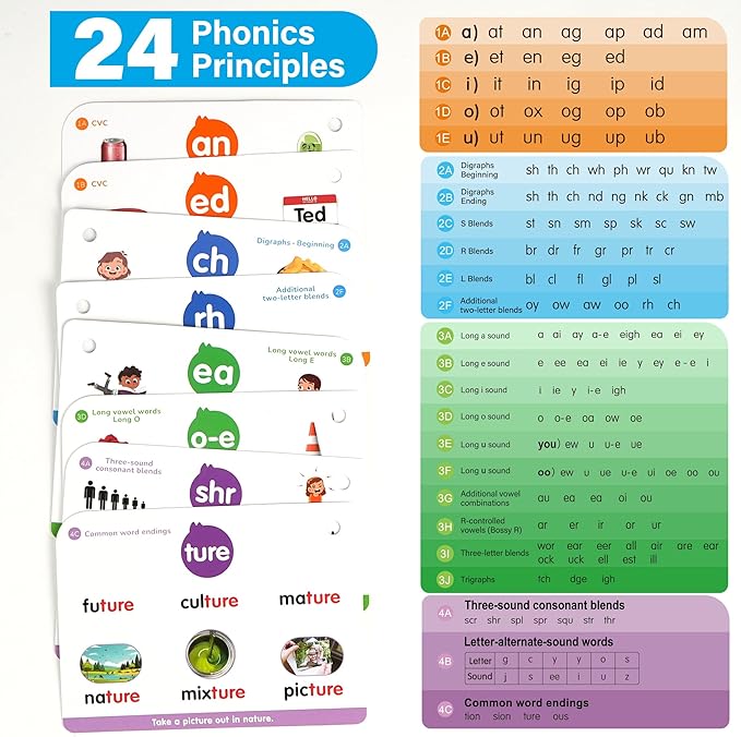 Phonics Flash Cards, 76 Cards 24 Principles, Learn to Read Phonics Games, CVC Digraphs Blends Long Vowel Sounds, Classroom Homeschool Educational Toys for Kids Ages 4-8 Kindergarten 1st 2nd Grade