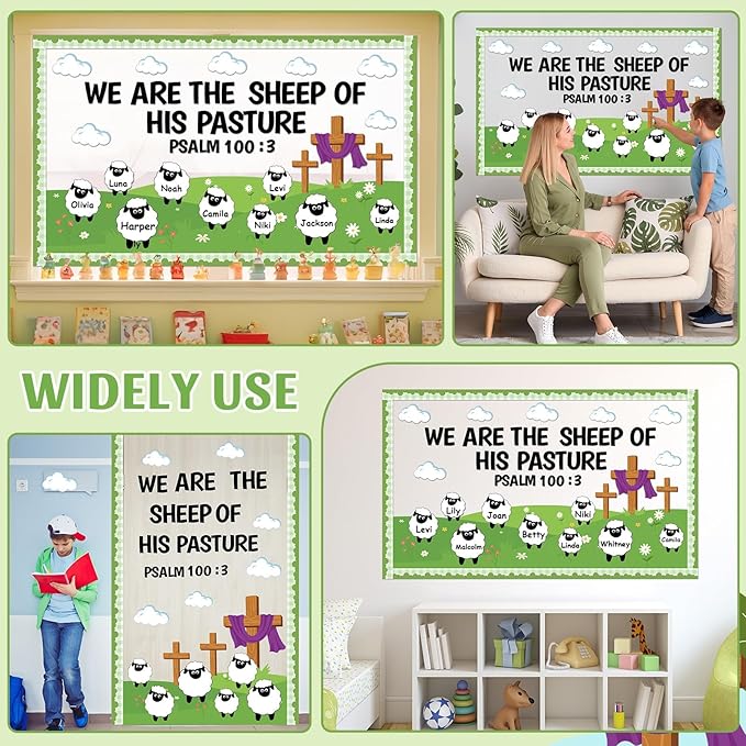 Easter Christian Bulletin Board Set VBS 2026 Religious Jesus Classroom Decoration Sheep Paper Cutouts We are The Sheep of His Pasture Bulletin Board for Sunday School Church Chalkboard Door Wall Decor