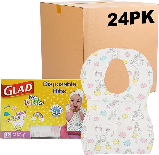 Glad for Kids Unicorn Disposable Paper Bibs with Crumb Catcher, Absorbent Leakproof Bibs for Toddlers and Babies, Mess Free Feeding, Crafts, Parties, and Travel Use, 30 Count - 24 Pack
