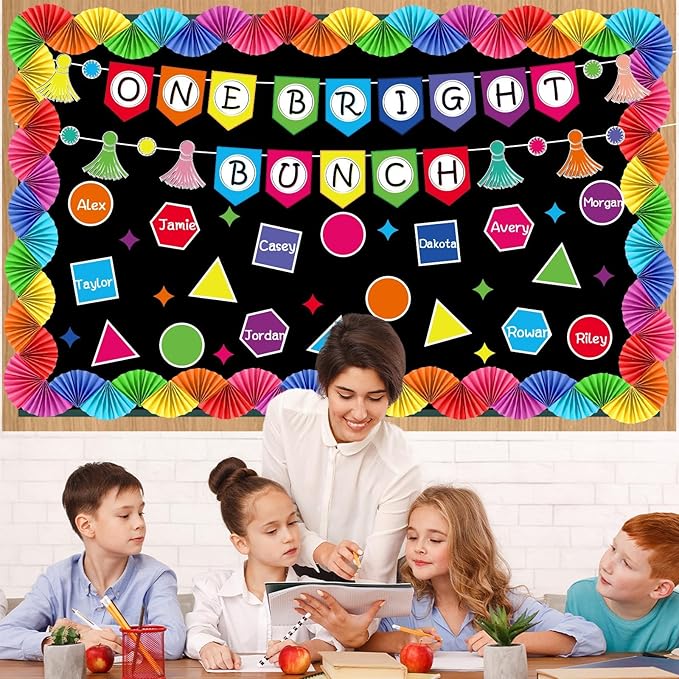 3D Colorful Bulletin Board Set 3D Paper Fans Border Classroom Decorations Motivational One Bright Bunch Bulletin Board Writable Shapes Paper Cutouts for Back to School Classroom Chalkboard Wall Decor