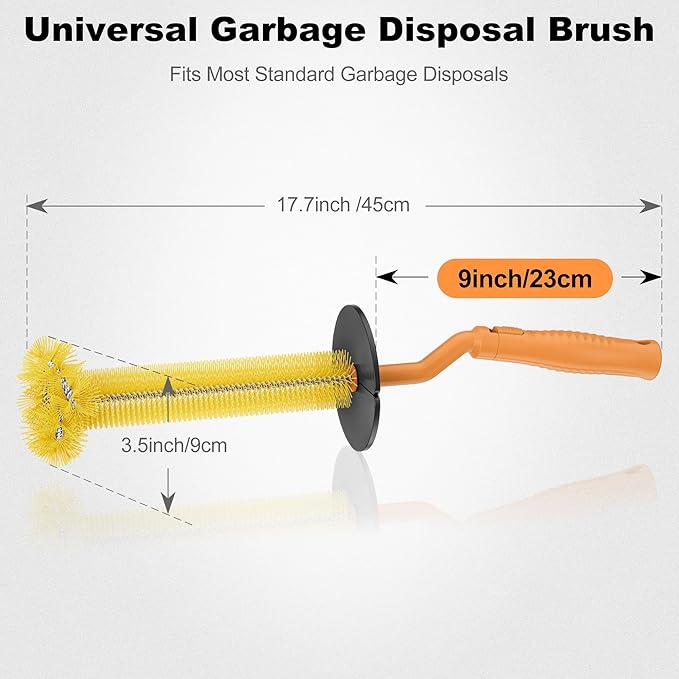 Universal Garbage Disposal Brush – 360° Rotating Head with Rubber Splash Guard, 17.7 Inches,Long-Handle Sink & Disposer Cleaner