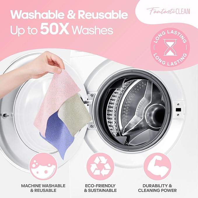 Fantasticlean Microfiber Cleaning Cloth Roll 2 Rolls 120 Pack, Tear Away Paperless Towels, 8" x 8", Reusable Washable Rags, Home Kitchen, Pet, Office, Indoor Outdoor, Portable (Pink and Light-Purple)