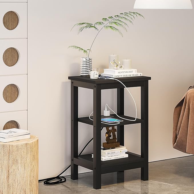 VECELO Modern Nightstands with Charging Station,Side End Table Night Stand with Storage Shelf for Small Spaces, Bedroom,Living Room