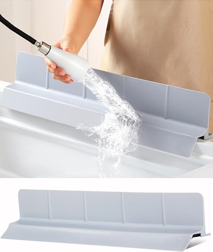 Kitchen Sink Splash Guard 23" Self-Draining Silicone Water Guard with High Splash Wall & Strong Suction Cups for Faucet, Countertop & Sink Edge, Keeps Sinks Dry, Dishwasher Safe, Gray