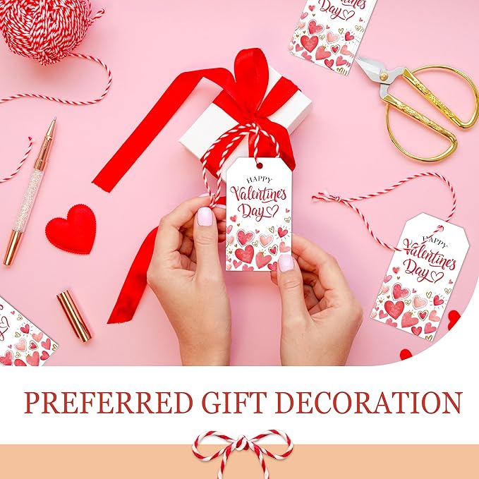 50Pcs Happy Valentines Tags for Bags - Valentine Gift Tags with String, Hanging Paper Gift Label for Wrapping Treat Bag, Idea Valentines Activity Party Favors