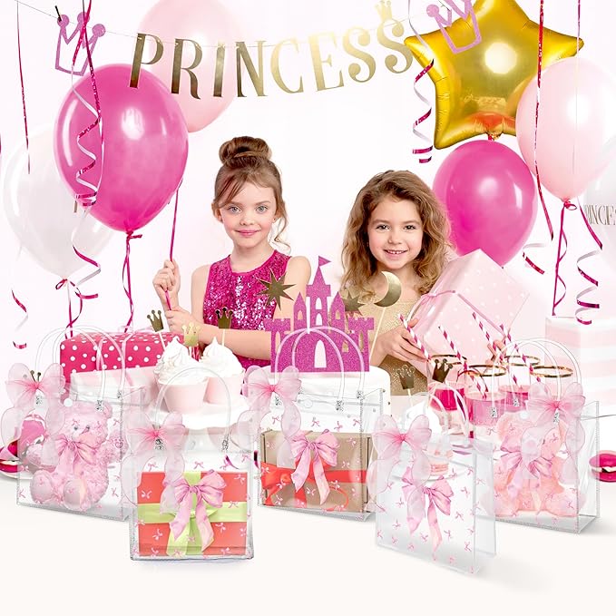 H1vojoxo Pink Bow Gift Bags - 24PCS Clear PVC Gift Bags with Handles DIY Ribbon Coquette Bow knot Reusable Transparent Tote Bag for Girls Birthday Baby Shower Weeding Bridal Engagement Party