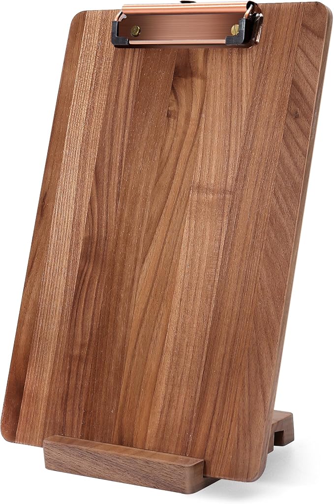 Walnut Wood Clipboard, 12.6" x 8.7" Clip Board with Stable Base, School Classroom Essentials, Solid Hardwood, Free Stand Holder for Bar, Training Courses, Coffee Shops, Office Supplies Teacher Gifts