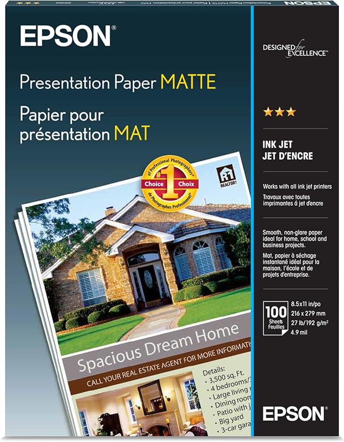 Epson Presentation Paper Matte, 8.5 x 11 Inch, 100 Count (S041062), White