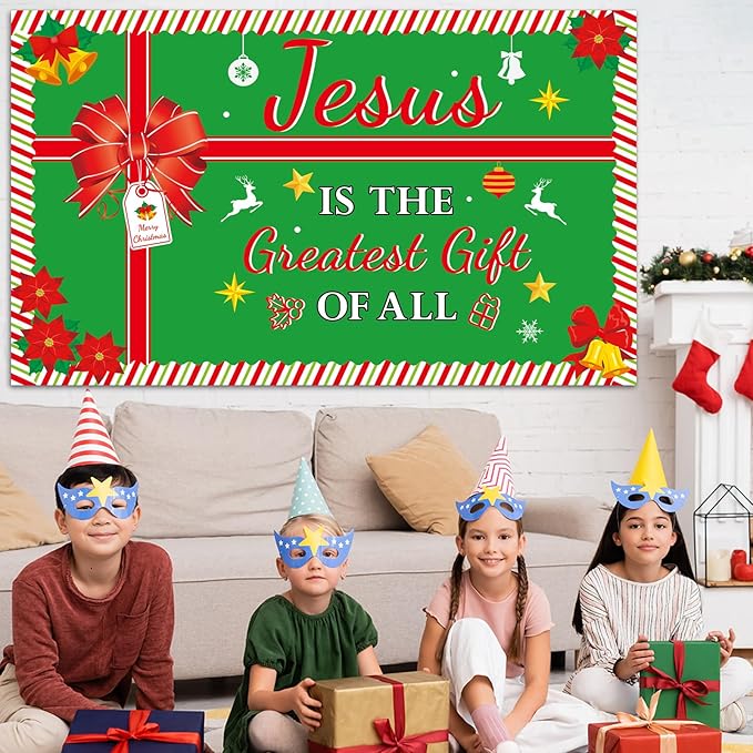 Christmas Religious Bulletin Board Set Jesus is The Greatest Gift of All Classroom Decoration Christian Faith Xmas Gift Box Bows Cutouts for Sunday School Chalkboard Wall Church Xmas Winter Decor