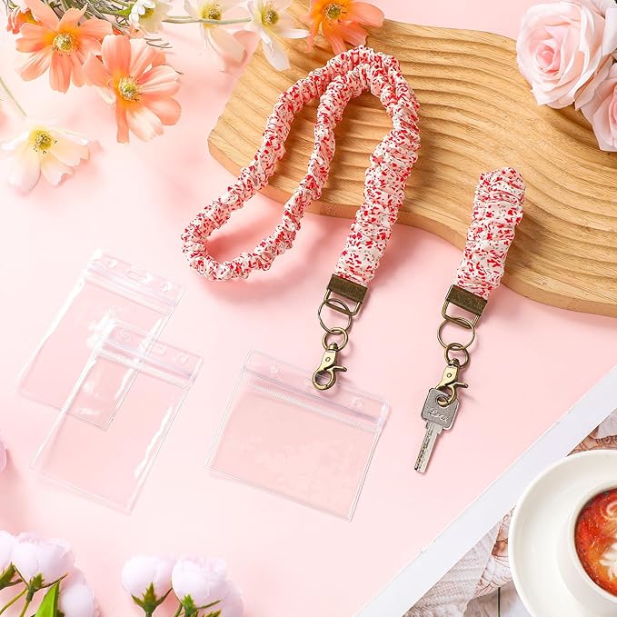Marspark 2 Set Scrunchie Lanyards with 4 Card Holders for ID Badges and Keys Cute Stretchy Scrunchie Neck and Wrist Lanyards for Teacher Women Nurses School Office Supplies(Red White,Floral)